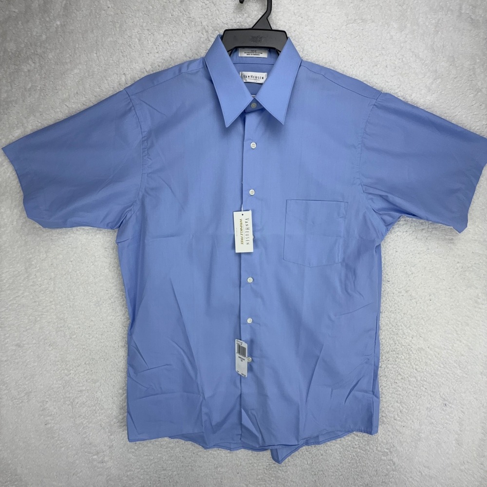 Van Heusen Mens Wrinkle Free Poplin Short Sleeve Dress Shirt Blue Size 16 Large
